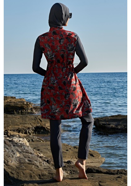 Kadın Uzun Kol Fermuarlı Likralı Dokuma Kırmızı Tesettür Mayo 2C3T1N11-4 fiyatları