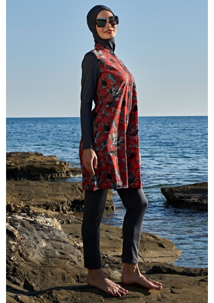 Kadın Uzun Kol Fermuarlı Likralı Dokuma Kırmızı Tesettür Mayo 2C3T1N11-4 modelleri