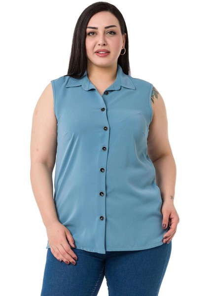 Büyük Beden Gömlek Yaka Düğmeli Kolsuz Mavi Gömlek