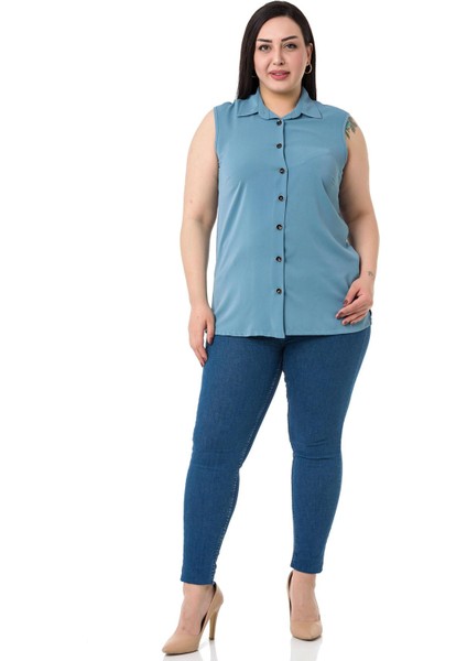 Büyük Beden Gömlek Yaka Düğmeli Kolsuz Mavi Gömlek fiyatları