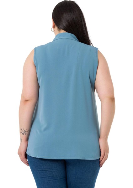 Büyük Beden Gömlek Yaka Düğmeli Kolsuz Mavi Gömlek modelleri