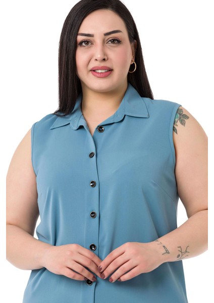 Büyük Beden Gömlek Yaka Düğmeli Kolsuz Mavi Gömlek indirimleri