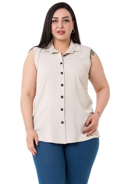 Büyük Beden Gömlek Yaka Düğmeli Kolsuz Ekru Gömlek