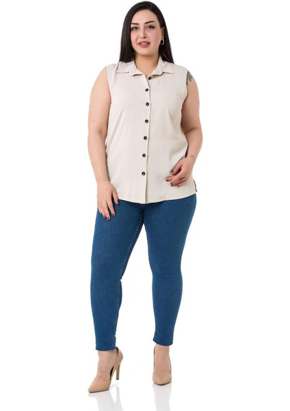 Büyük Beden Gömlek Yaka Düğmeli Kolsuz Ekru Gömlek fiyatları