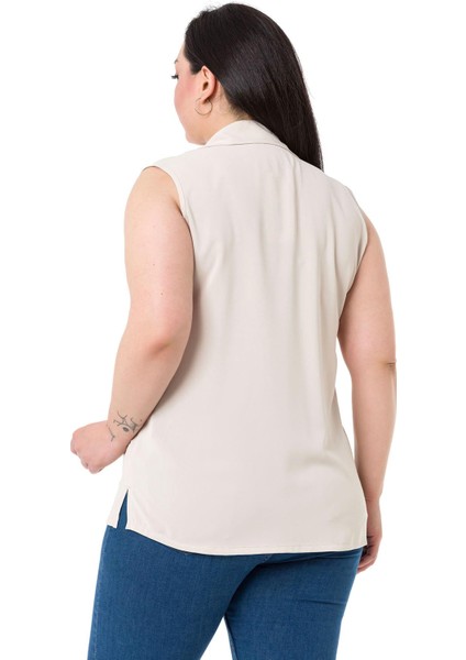 Büyük Beden Gömlek Yaka Düğmeli Kolsuz Ekru Gömlek modelleri