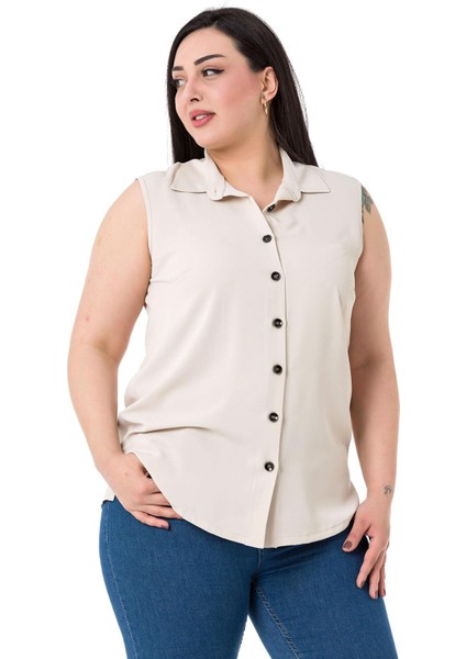 Büyük Beden Gömlek Yaka Düğmeli Kolsuz Ekru Gömlek fırsatları