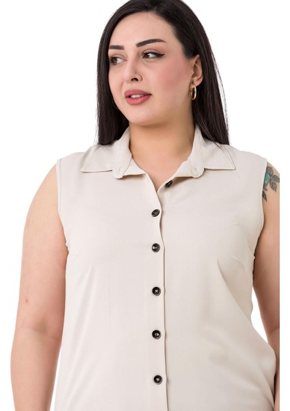 Büyük Beden Gömlek Yaka Düğmeli Kolsuz Ekru Gömlek indirimleri
