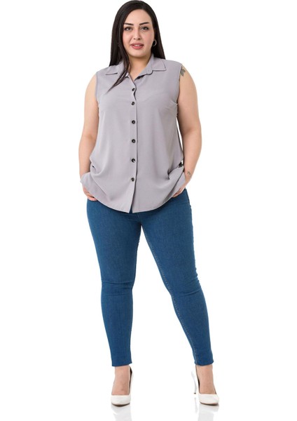 Büyük Beden Gömlek Yaka Düğmeli Kolsuz Gri Gömlek fiyatları