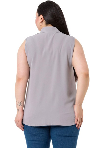 Büyük Beden Gömlek Yaka Düğmeli Kolsuz Gri Gömlek modelleri