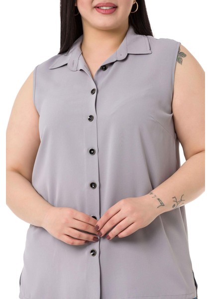 Büyük Beden Gömlek Yaka Düğmeli Kolsuz Gri Gömlek indirimleri