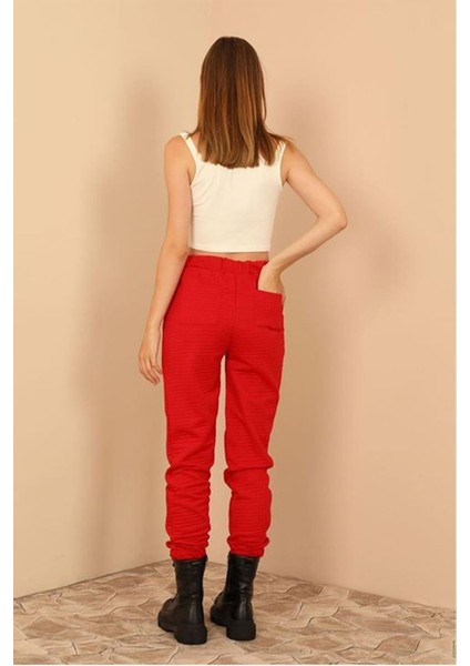Kapitone Kumaş Paçası Lastikli Kadın Pantolon-Kırmızı fırsatları