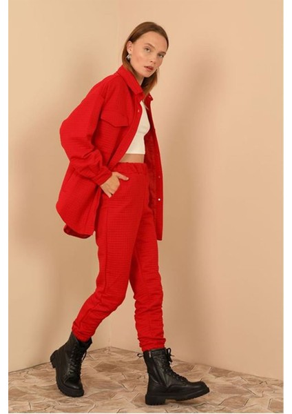 Kapitone Kumaş Paçası Lastikli Kadın Pantolon-Kırmızı indirimleri