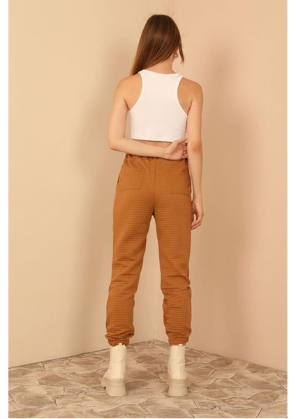 Kapitone Kumaş Paçası Lastikli Kadın Pantolon-Camel fırsatları