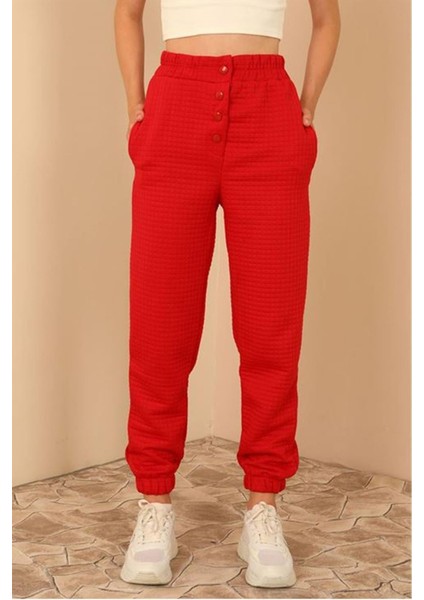 Kapitone Kumaş Bilek Boy Tam Kalıp Çıtçıt Detaylı Kadın Pantolon-Kırmızı indirimleri