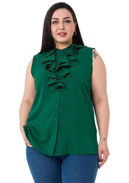 Büyük Beden Yakası Iki Kat Volanlı Düğmeli Kolsuz Zümrüt Gömlek