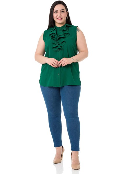 Büyük Beden Yakası Iki Kat Volanlı Düğmeli Kolsuz Zümrüt Gömlek fiyatları