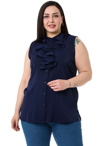 Büyük Beden Yakası Iki Kat Volanlı Düğmeli Kolsuz Koyu Lacivert Gömlek