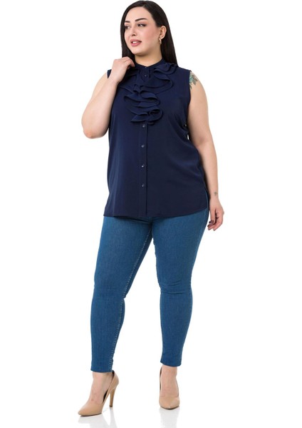 Büyük Beden Yakası Iki Kat Volanlı Düğmeli Kolsuz Koyu Lacivert Gömlek fiyatları