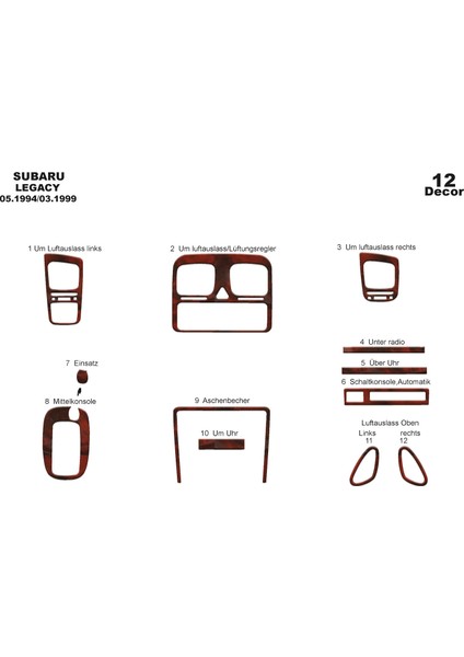 Meriç® Subaru Legacy Ön Torpido Kaplama Maun 12 Parça 1994-1999