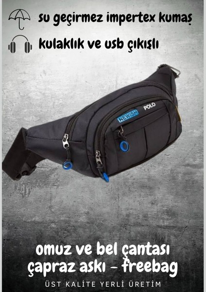 Kulaklık ve USB Çıkışlı, Su Geçirmez Omuz ve Bel Çantası, Çapraz Askılı Freebag