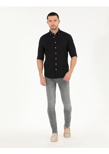 Pierre Cardin Siyah Slim Fit Keten Görünümlü Gömlek 50272221-VR046