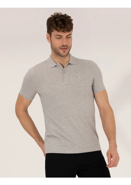 Pierre Cardin Erkek Açık Gri Melanj Slim Fit Polo Yaka Basic Tişört 50269606-VR091