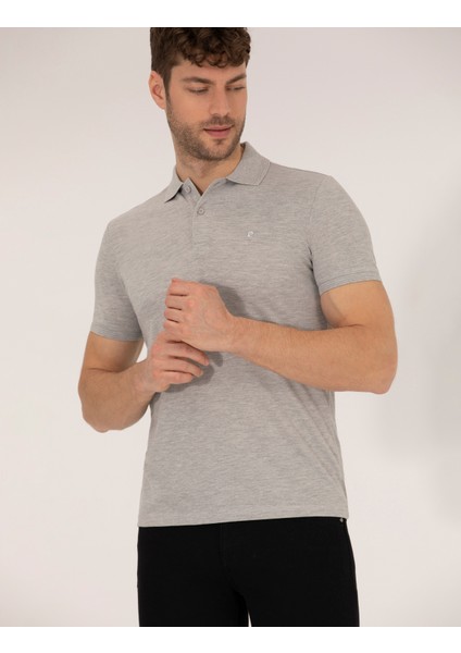 Erkek Açık Gri Melanj Slim Fit Polo Yaka Basic Tişört 50269606-VR091