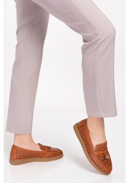 Kadın Taba Hakiki Deri Loafer Ayakkabı modelleri
