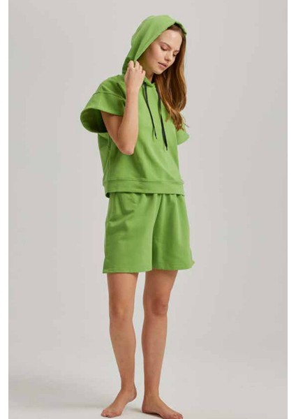 23766 Kadın Kısa Kollu Kapişonlu Şortlu Eşofman Takımı-Yeşil fiyatları