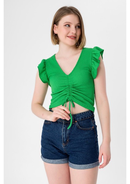 Kadın Kolları Fırfırlı Önü Büzgü Detaylı Crop Bluz