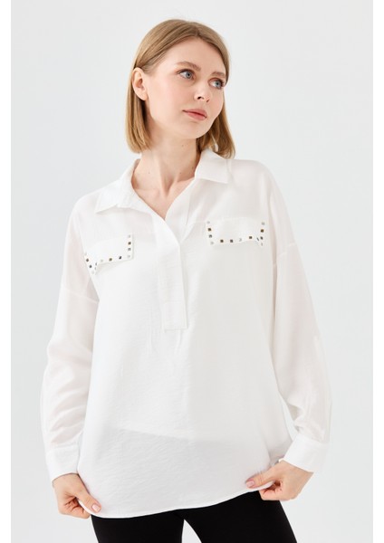 Kadın Polo Yaka Cepli Bluz Ekru