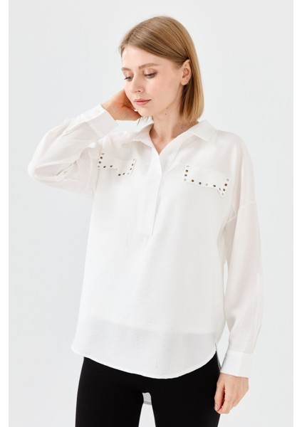 Kadın Polo Yaka Cepli Bluz Ekru fiyatları
