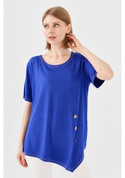 Kadın Sıfır Yaka Önü Ahşap Düğmeli Penye T-Shirt Saks fiyatları