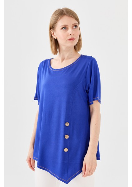 Kadın Sıfır Yaka Önü Ahşap Düğmeli Penye T-Shirt Saks indirimleri