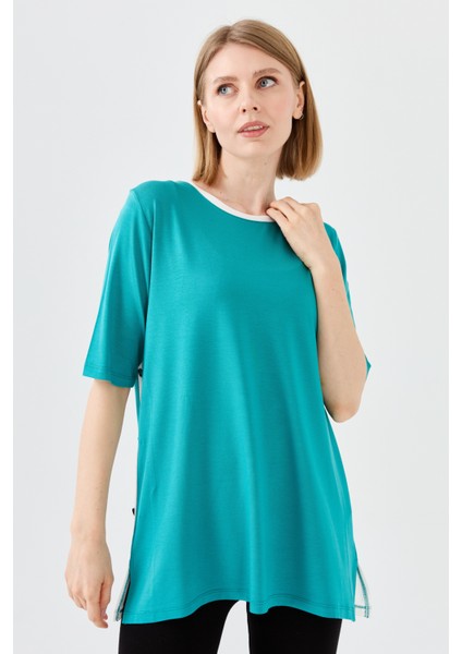Kadın Sıfır Yaka Penye T-Shirt Yeşil fiyatları
