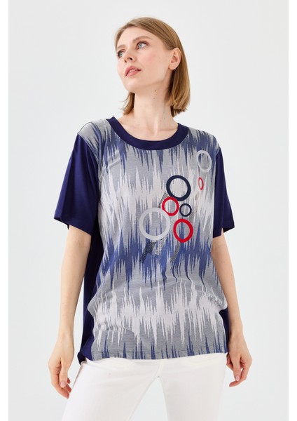 Kadın Sıfır Yaka Halka Desenli Penye T-Shirt Lacivert fiyatları