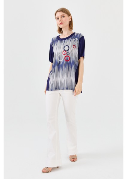 Kadın Sıfır Yaka Halka Desenli Penye T-Shirt Lacivert modelleri
