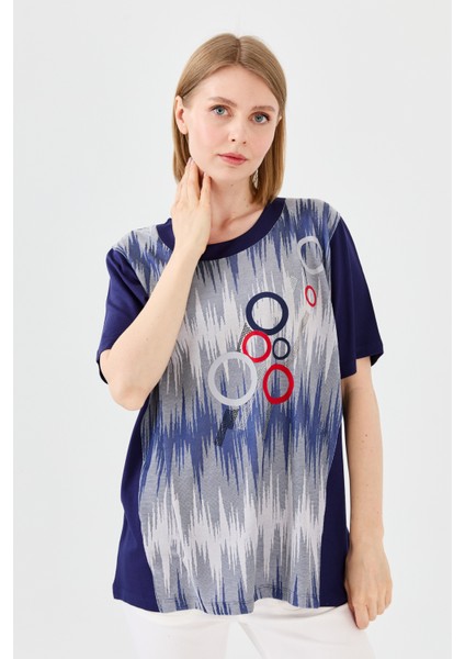 Kadın Sıfır Yaka Halka Desenli Penye T-Shirt Lacivert fırsatları