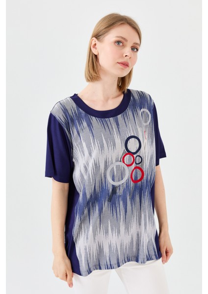 Kadın Sıfır Yaka Halka Desenli Penye T-Shirt Lacivert indirimleri