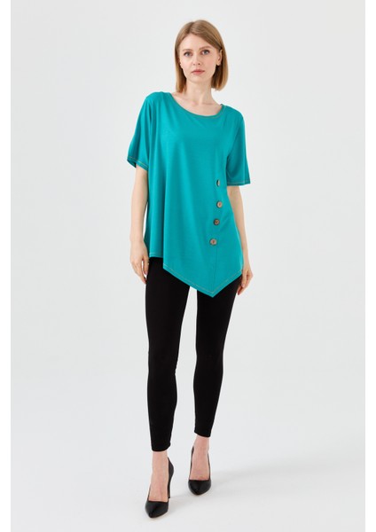 Kadın Sıfır Yaka Önü Ahşap Düğmeli Penye T-Shirt Yeşil modelleri