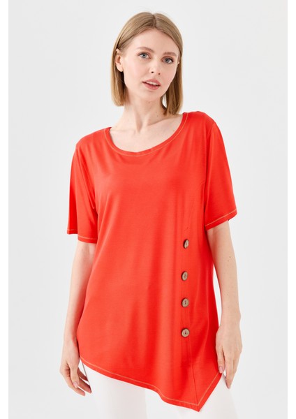 Kadın Sıfır Yaka Önü Ahşap Düğmeli Penye T-Shirt Oranj fiyatları