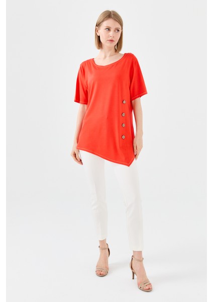 Kadın Sıfır Yaka Önü Ahşap Düğmeli Penye T-Shirt Oranj modelleri