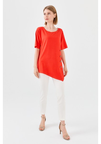 Kadın Sıfır Yaka Önü Ahşap Düğmeli Penye T-Shirt Oranj fırsatları