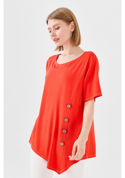 Kadın Sıfır Yaka Önü Ahşap Düğmeli Penye T-Shirt Oranj indirimleri