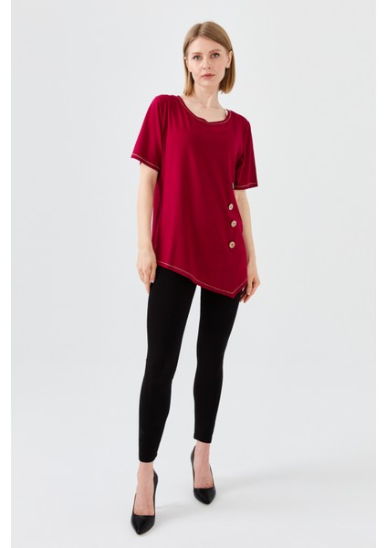 Kadın Sıfır Yaka Önü Ahşap Düğmeli Penye T-Shirt Bordo modelleri