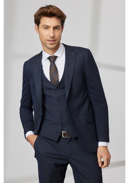 ALTINYILDIZ CLASSICS Erkek Lacivert Slim Fit Dar Kesim Mono Yaka Armürlü Yelekli Takım Elbise