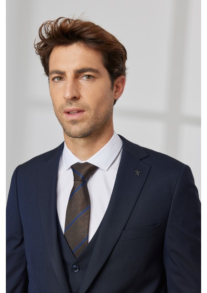 ALTINYILDIZ CLASSICS Erkek Lacivert Slim Fit Dar Kesim Mono Yaka Armürlü Yelekli Takım Elbise fırsatları