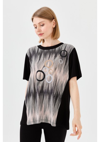 Kadın Sıfır Yaka Halka Desenli Penye T-Shirt Siyah