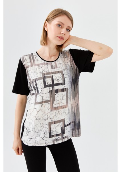 Kadın Sıfır Yaka Taşlı Penye T-Shirt Siyah fiyatları