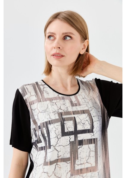 Kadın Sıfır Yaka Taşlı Penye T-Shirt Siyah modelleri